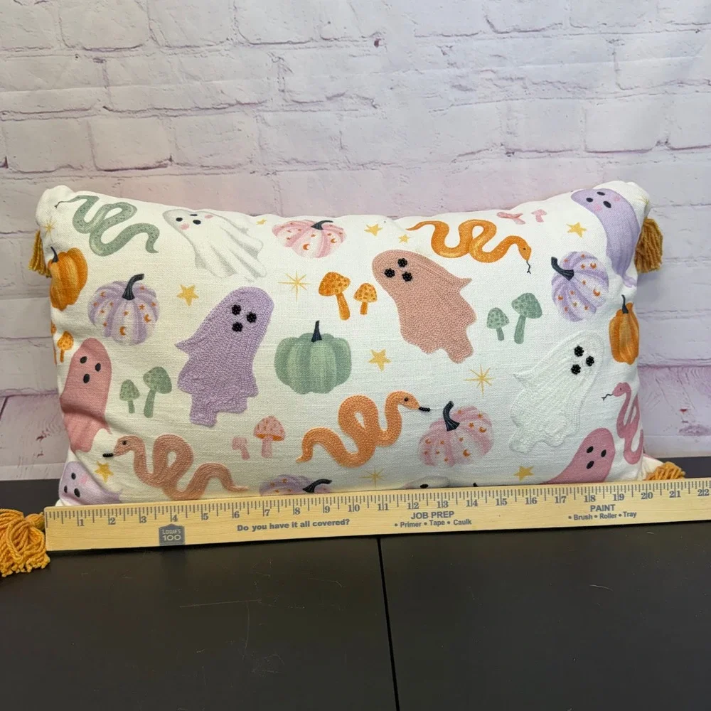 Pastel Halloween Embroidered Lumbar Pillow GhostSnake Pumpkin Tassel Decor 20x12